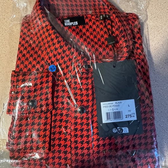 The Kooples Red & Black Houndstooth Button Down Shirt Jacket Over Shirt Size L - Picture 6 of 6